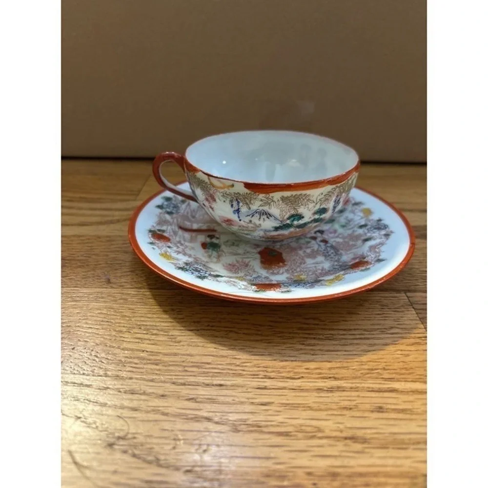 Vintage Japanese Eggshell Porcelain Tea Cup Saucer Mount Fuji Hand Painted